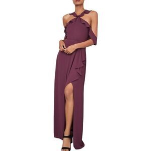 BCBGMAXAZRIA Sleeveless Cold-Shoulder Ruffle-Trimmed Gown Maxi Dress Burgundy 6